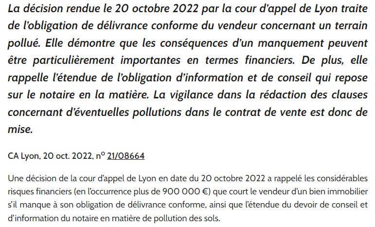 Obligations du vendeur en matiere de Pollution